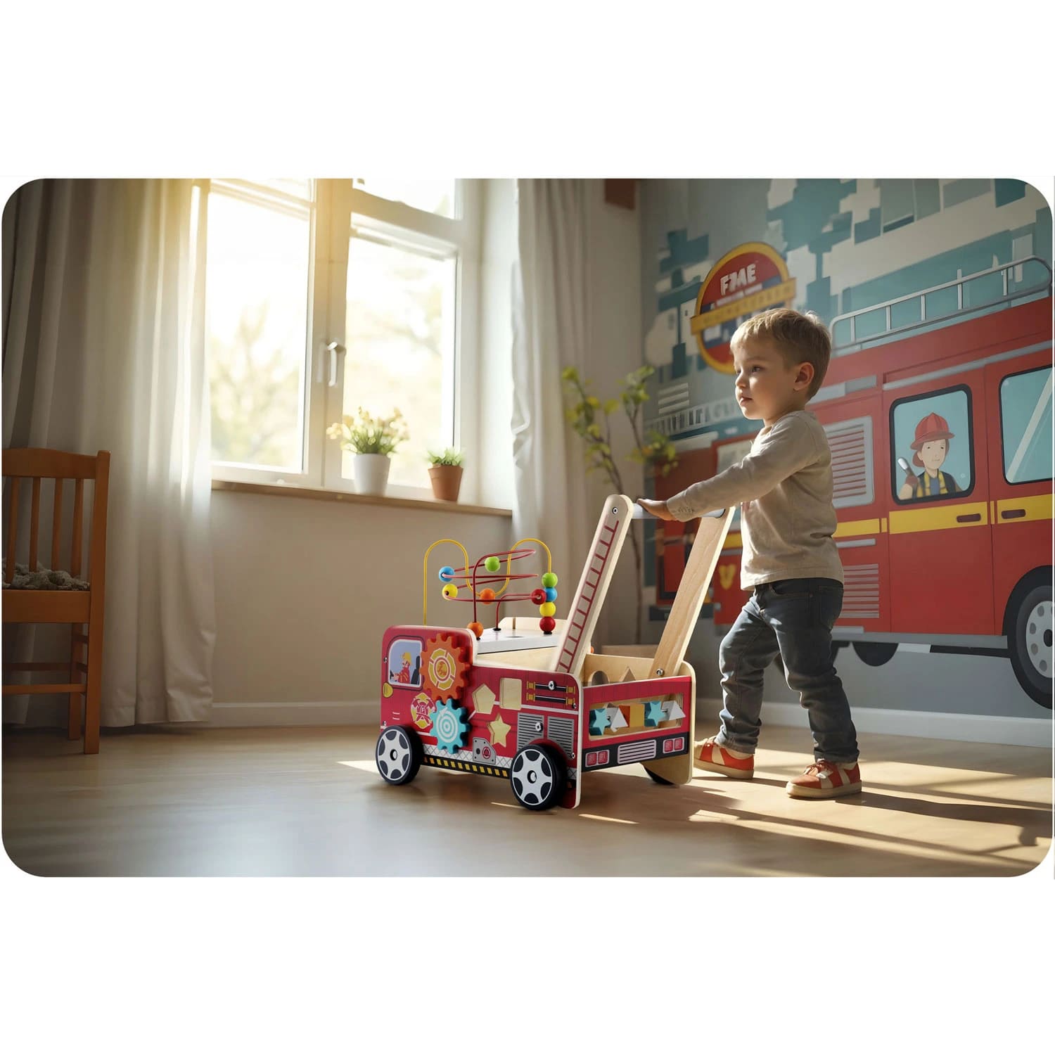 Dřevěné edukační chodítko s kostkami FIREMAN