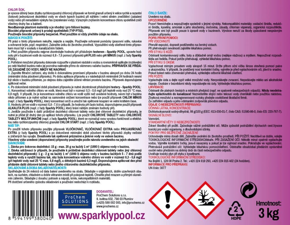 Sparkly POOL Chlor šok 3 kg