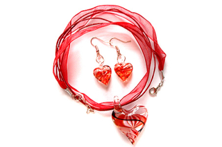 Skleněné náušnice a přívěsek ve tvaru srdce – Murano styl červené